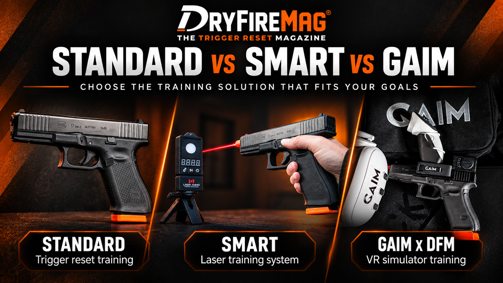 Standard DryFireMag, Smart DryFireMag laser system and GAIM VR training compared side by side