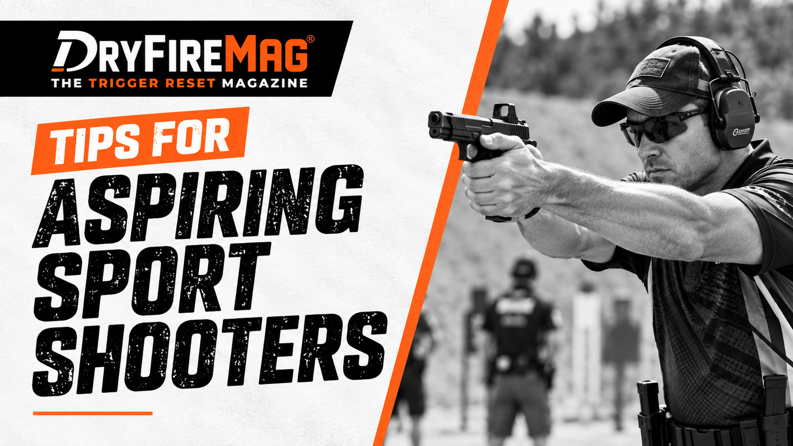 Tips for Aspiring Sport Shooters thumbnail featuring a sport shooter aiming a pistol at an outdoor range beside bold headline text.