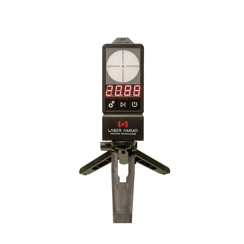 Black LaserPET II electronic target with circular target card and digital display mounted on a small tripod
